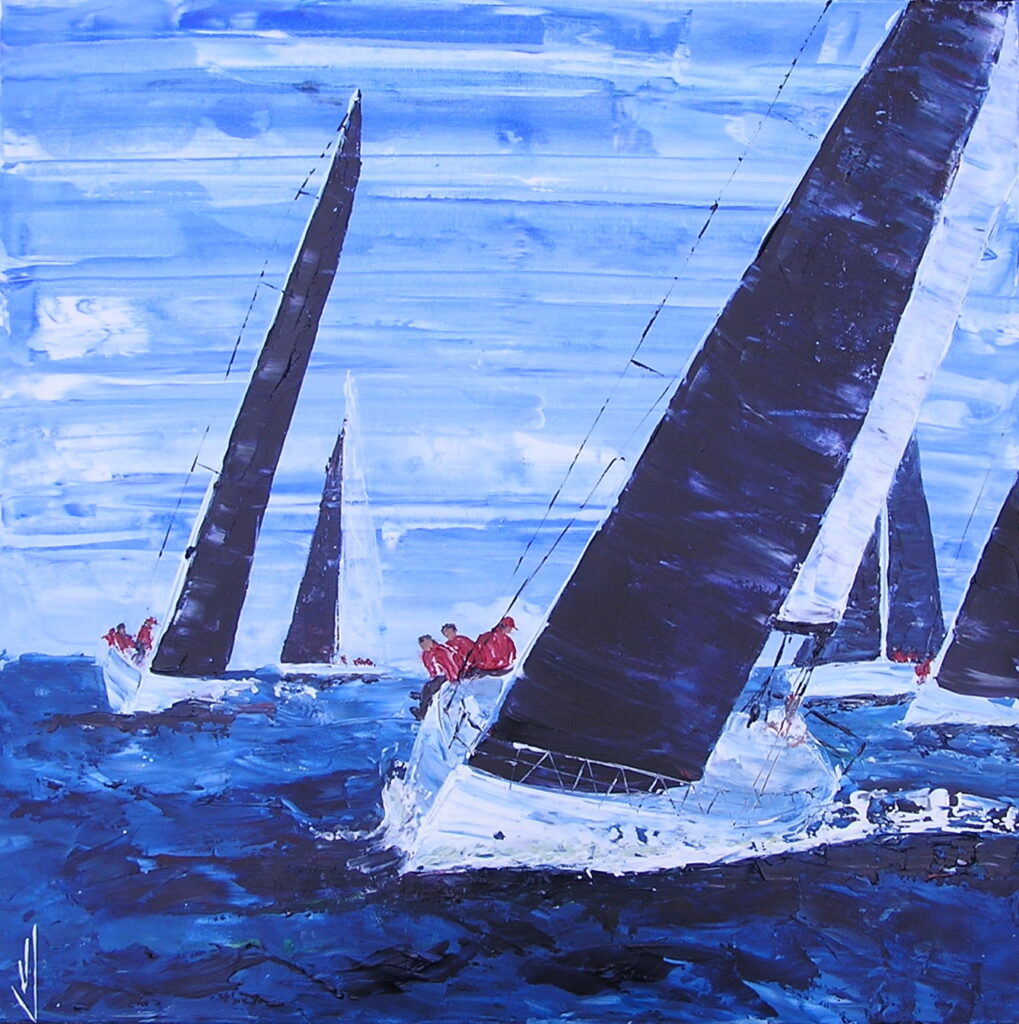 tableau avec des bateaux en couleurs ,marine, régate de voiliers,peinture originale vendue par l artiste,oeuvre unique,acrylique sur toile,art ,valerie jouve artiste peintre,bleu,jaune,rouge,vert,violet,orange,noir,blanc