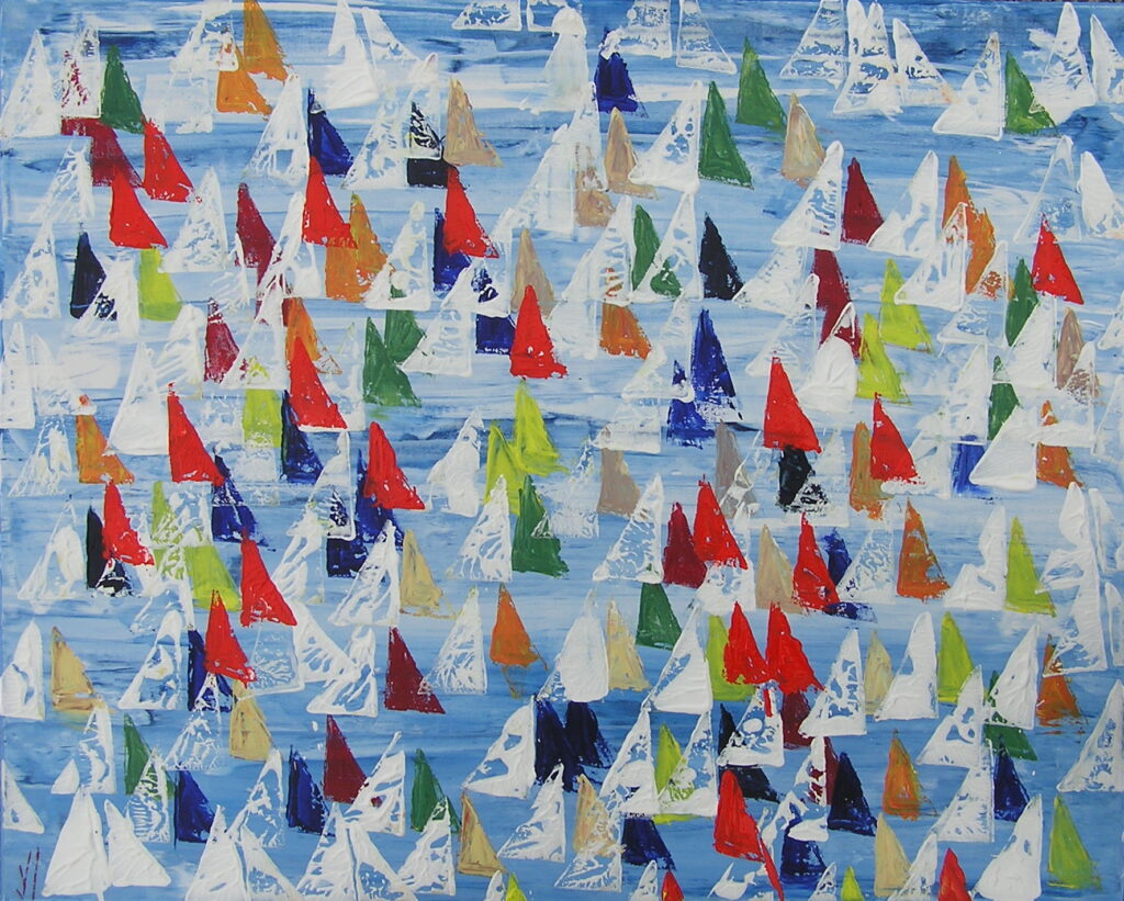 tableau en couleurs ,marine avec une régate de voiliers,peinture originale vendue par l artiste,oeuvre unique,acrylique sur toile,art abstrait,valerie jouve artiste peintre,bleu,jaune,rouge,vert,violet,orange,noir,blanc