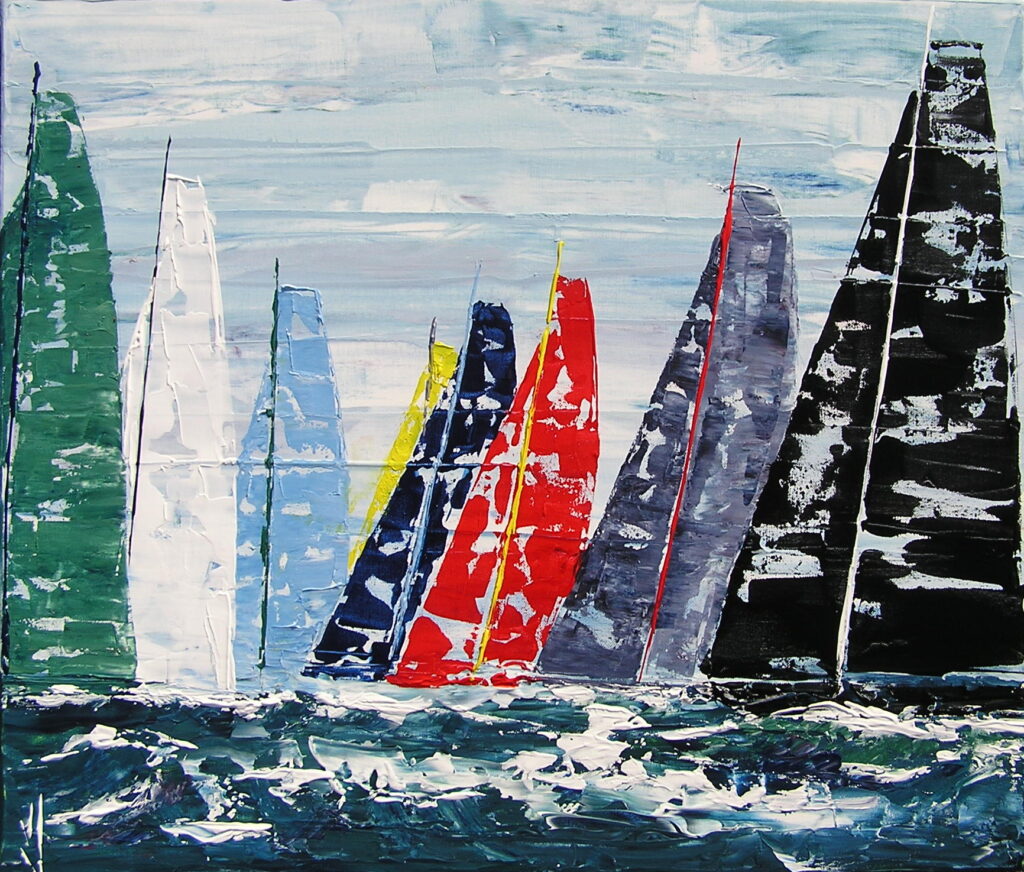 tableau avec des bateaux en couleurs ,marine, régate de voiliers,peinture originale vendue par l artiste,oeuvre unique,acrylique sur toile,art ,valerie jouve artiste peintre,bleu,jaune,rouge,vert,violet,orange,noir,blanc