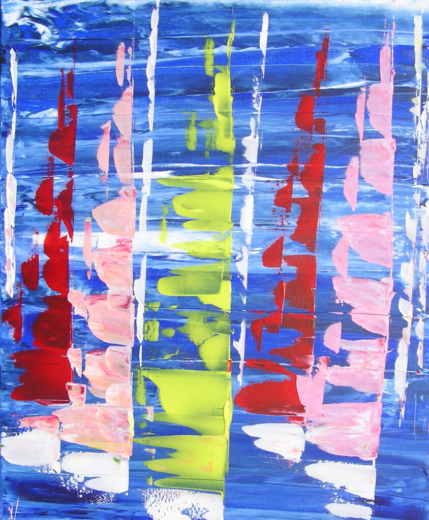 tableau en couleurs ,marine avec une régate de voiliers,peinture originale vendue par l artiste,oeuvre unique,acrylique sur toile,art abstrait,valerie jouve artiste peintre,bleu,jaune,rouge,vert,violet,orange,noir,blanc