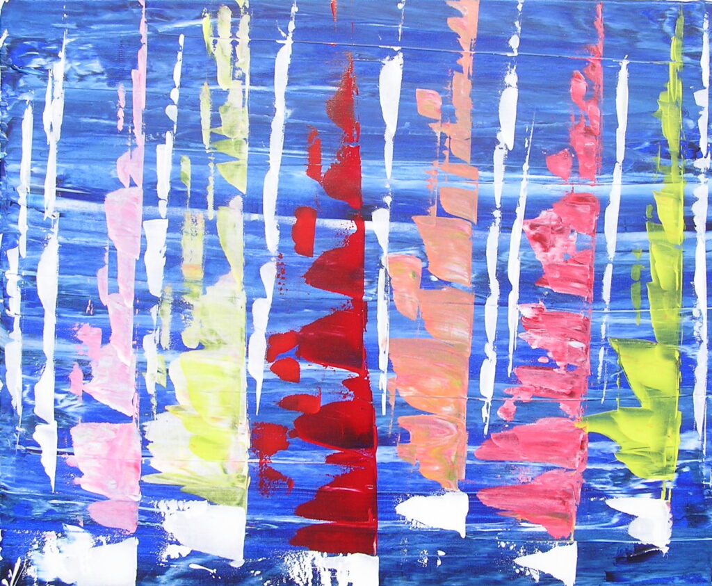tableau en couleurs ,marine avec une régate de voiliers,peinture originale vendue par l artiste,oeuvre unique,acrylique sur toile,art abstrait,valerie jouve artiste peintre,bleu,jaune,rouge,vert,violet,orange,noir,blanc