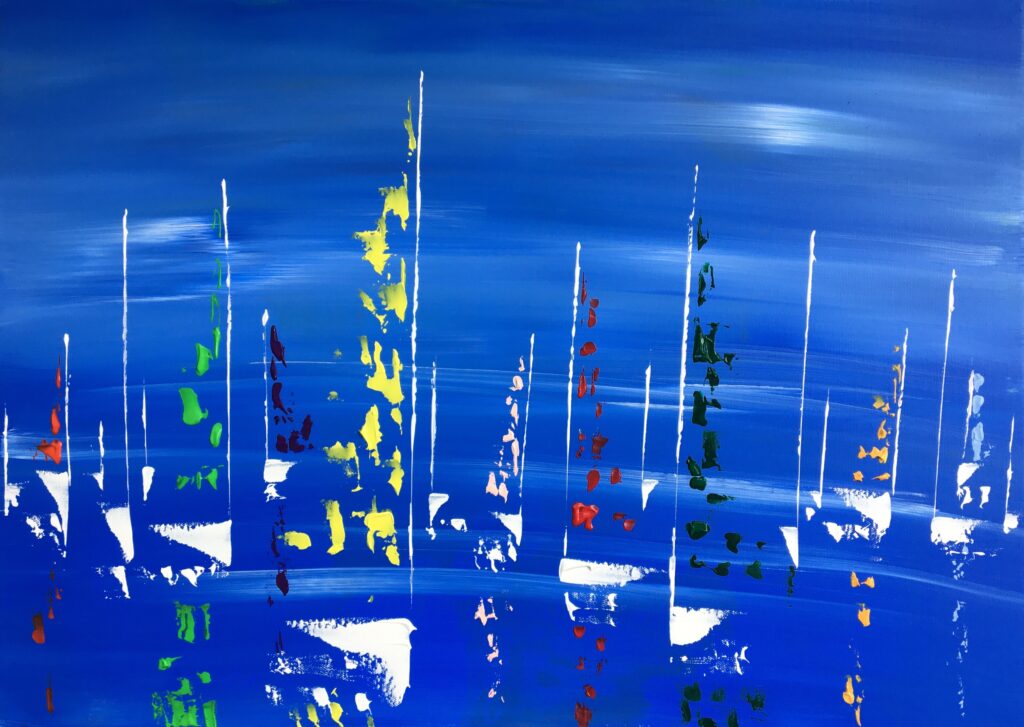 tableau en couleurs ,marine avec une régate de voiliers,peinture originale vendue par l artiste,oeuvre unique,acrylique sur toile,art abstrait,valerie jouve artiste peintre,bleu,jaune,rouge,vert,violet,orange,noir,blanc