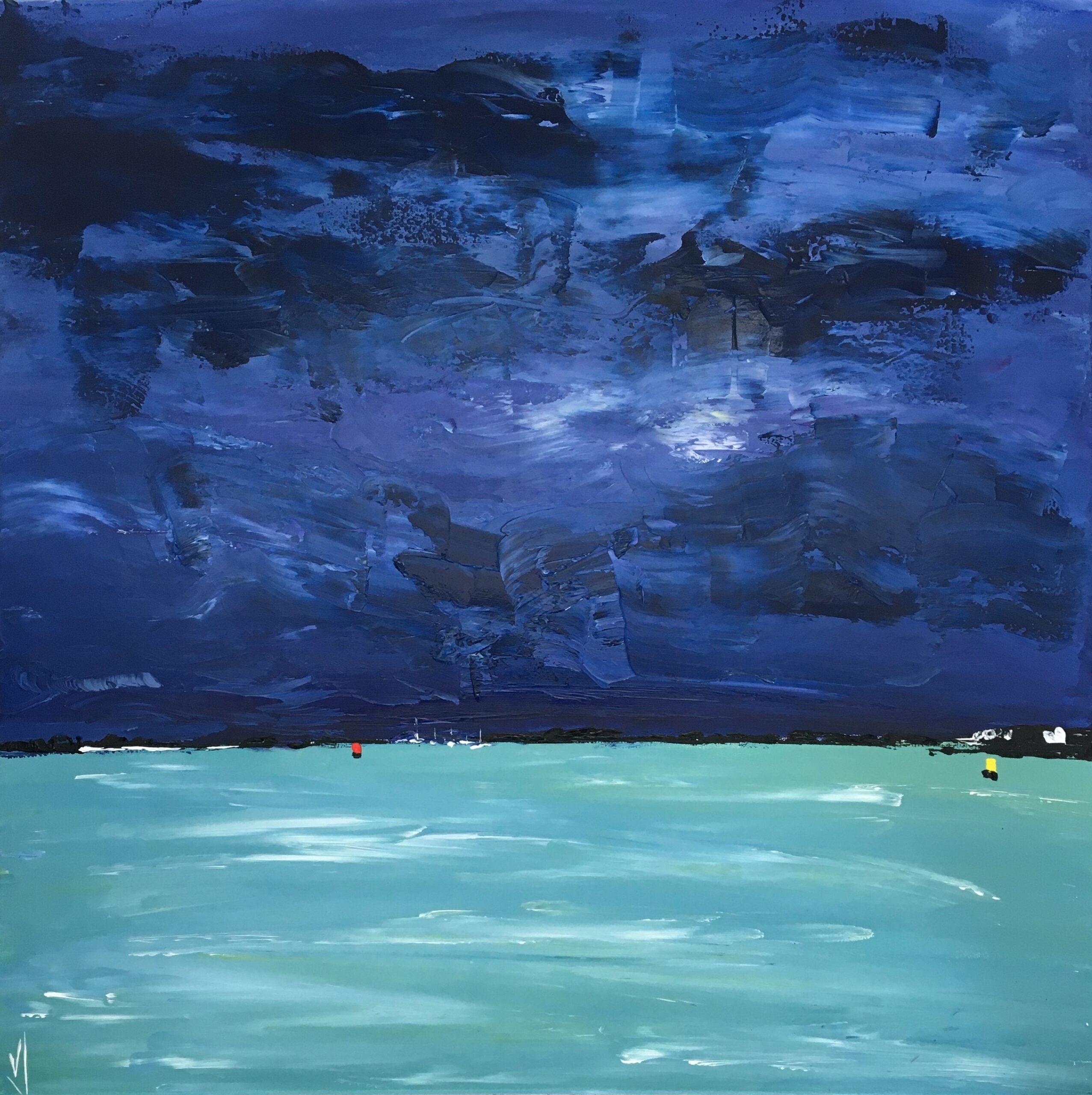 tableau en couleurs ,peinture originale vendue par l artiste,oeuvre unique,presqu ile de rhuys,port navalo,acrylique sur toile,marine,paysage de bretagne, golfe du morbihan,valerie jouve artiste peintre,bleu,jaune,rouge,vert,violet,orange,noir,blanc