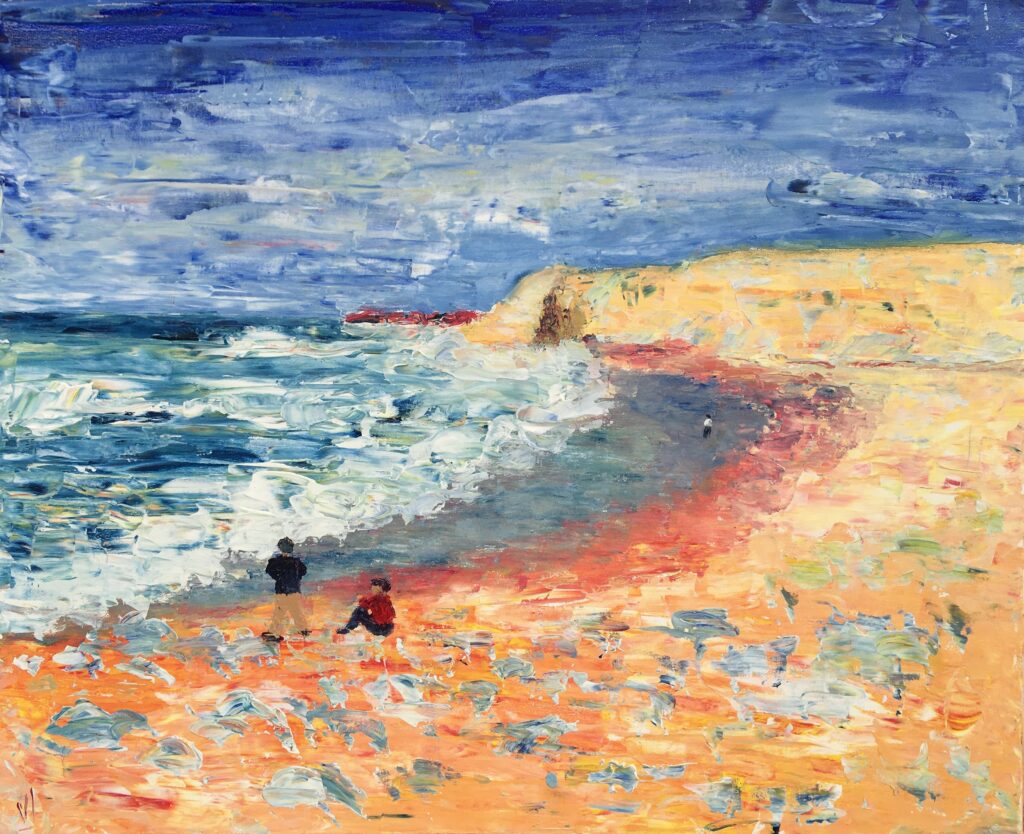 tableau en couleurs ,peinture originale vendue par l artiste,oeuvre unique,acrylique sur toile,marine,paysage de bretagne, quiberon la cote sauvage,valerie jouve artiste peintre,bleu,jaune,rouge,vert,violet,orange,noir,blanc