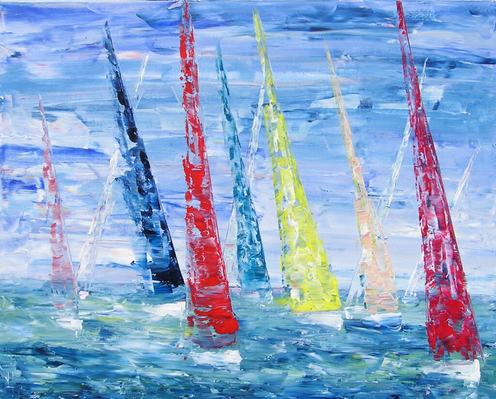 tableau en couleurs ,marine avec une régate de voiliers,peinture originale vendue par l artiste,oeuvre unique,acrylique sur toile,art abstrait,valerie jouve artiste peintre,bleu,jaune,rouge,vert,violet,orange,noir,blanc