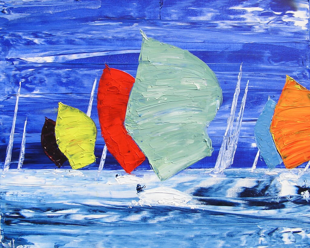 tableau en couleurs ,marine avec une régate de voiliers,peinture originale vendue par l artiste,oeuvre unique,acrylique sur toile,art abstrait,valerie jouve artiste peintre,bleu,jaune,rouge,vert,violet,orange,noir,blanc