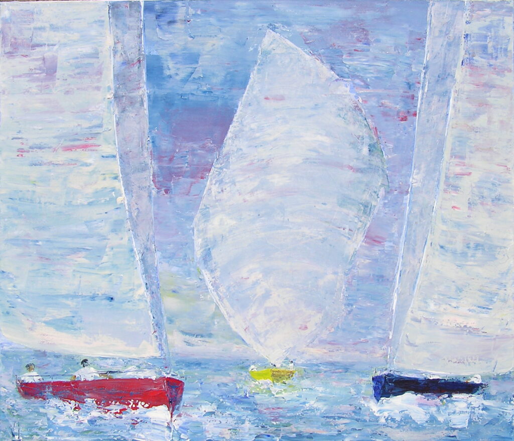 tableau avec des bateaux en couleurs ,marine, régate de voiliers,peinture originale vendue par l artiste,oeuvre unique,acrylique sur toile,art ,valerie jouve artiste peintre,bleu,jaune,rouge,vert,violet,orange,noir,blanc