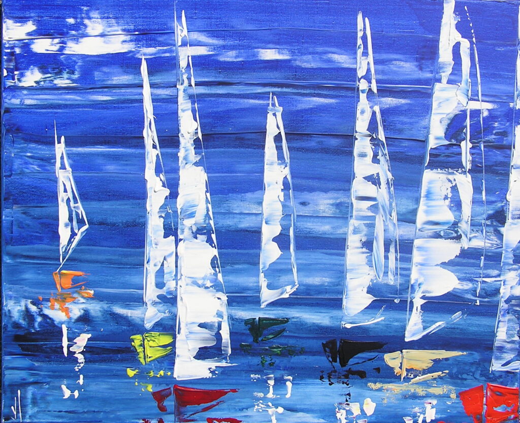 tableau en couleurs ,marine avec une régate de voiliers,peinture originale vendue par l artiste,oeuvre unique,acrylique sur toile,art abstrait,valerie jouve artiste peintre,bleu,jaune,rouge,vert,violet,orange,noir,blanc