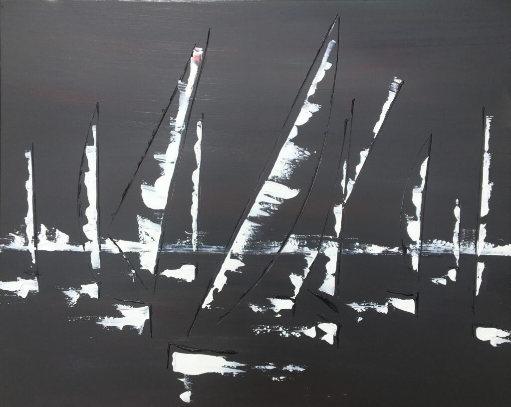 tableau avec des bateaux en noir et blanc ,marine, régate de voiliers,peinture originale vendue par l artiste,oeuvre unique,acrylique sur toile,art ,valerie jouve artiste peintre,,noir,blanc