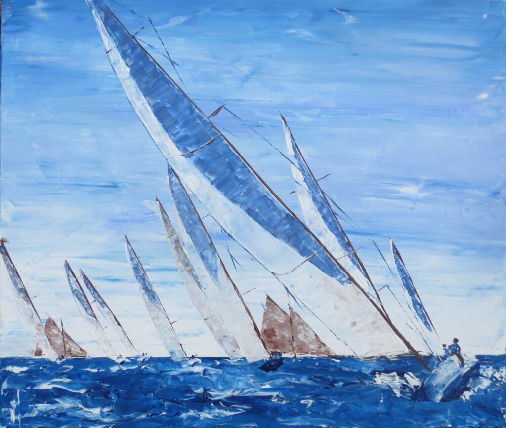 tableau avec des bateaux en couleurs ,marine, régate de voiliers,peinture originale vendue par l artiste,oeuvre unique,acrylique sur toile,art ,valerie jouve artiste peintre,bleu,jaune,rouge,vert,violet,orange,noir,blanc