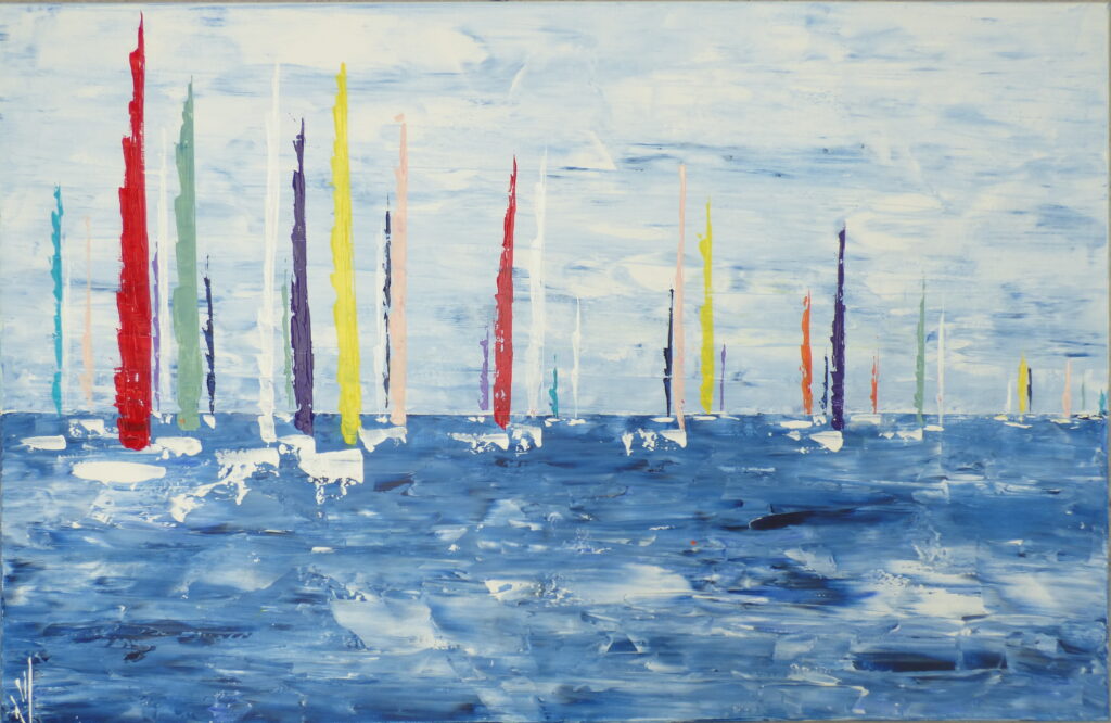 tableau en couleurs ,marine avec une régate de voiliers,peinture originale vendue par l artiste,oeuvre unique,acrylique sur toile,art abstrait,valerie jouve artiste peintre,bleu,jaune,rouge,vert,violet,orange,noir,blanc