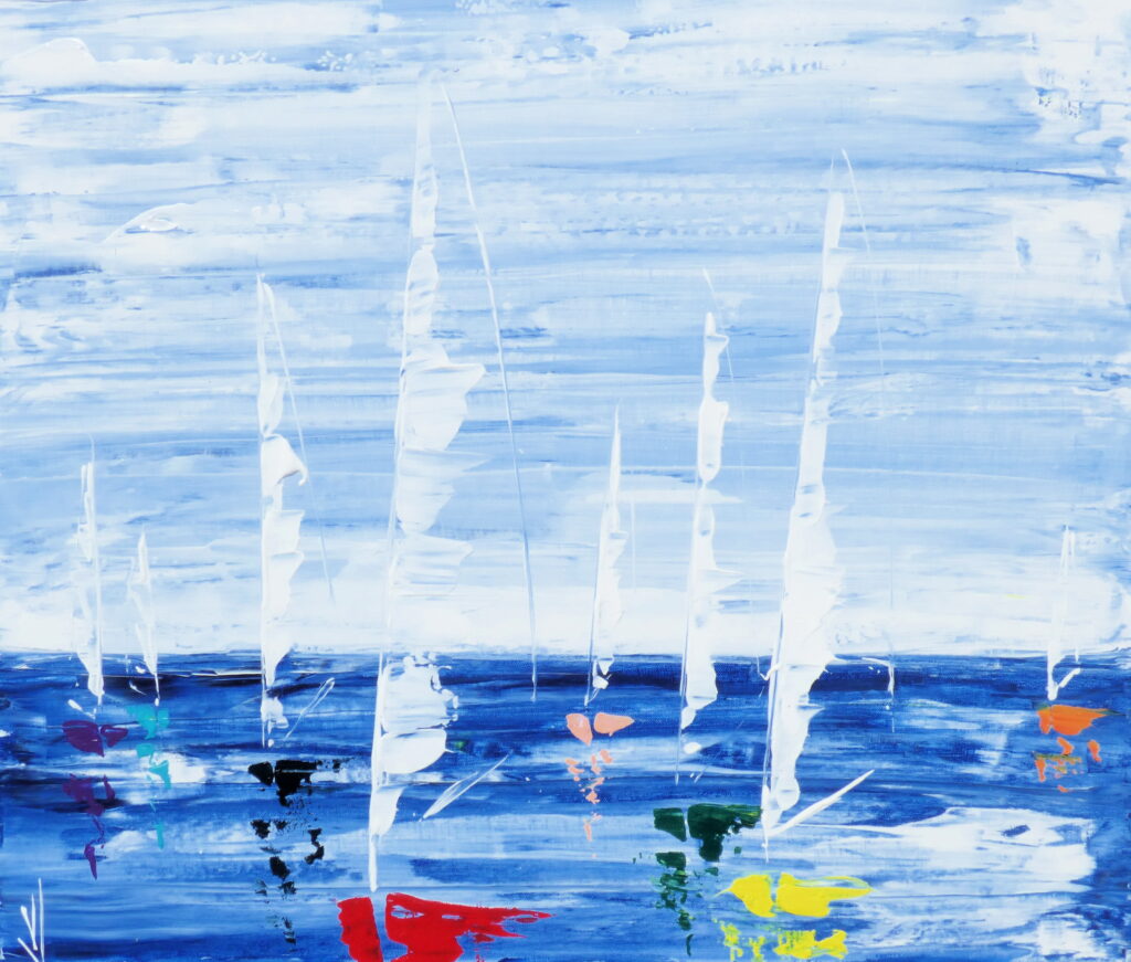 tableau en couleurs ,marine avec une régate de voiliers,peinture originale vendue par l artiste,oeuvre unique,acrylique sur toile,art abstrait,valerie jouve artiste peintre,bleu,jaune,rouge,vert,violet,orange,noir,blanc