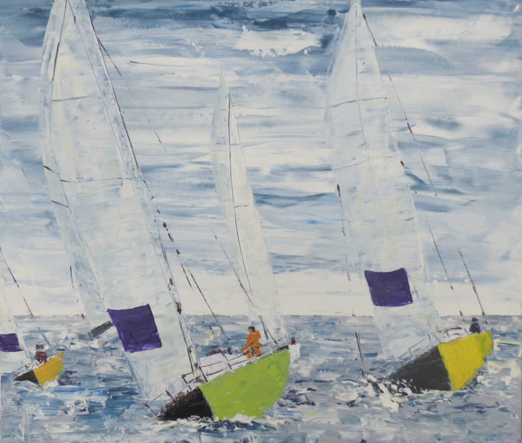 tableau avec des bateaux en couleurs ,marine, régate de voiliers,peinture originale vendue par l artiste,oeuvre unique,acrylique sur toile,art ,valerie jouve artiste peintre,bleu,jaune,rouge,vert,violet,orange,noir,blanc