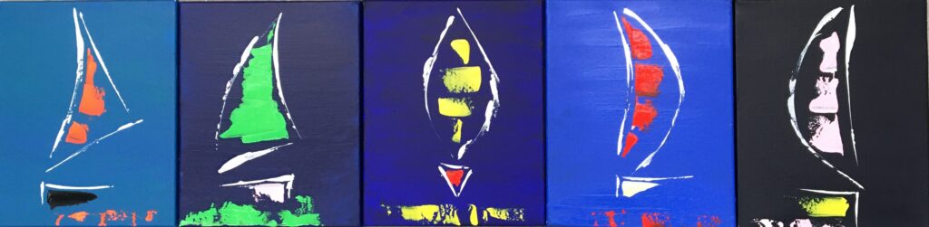 tableau en couleurs ,marine avec des une régate de voiliers,peinture originale vendue par l artiste,oeuvre unique,acrylique sur toile,art abstrait,valerie jouve artiste peintre,bleu,jaune,rouge,vert,violet,orange,noir,blanc
