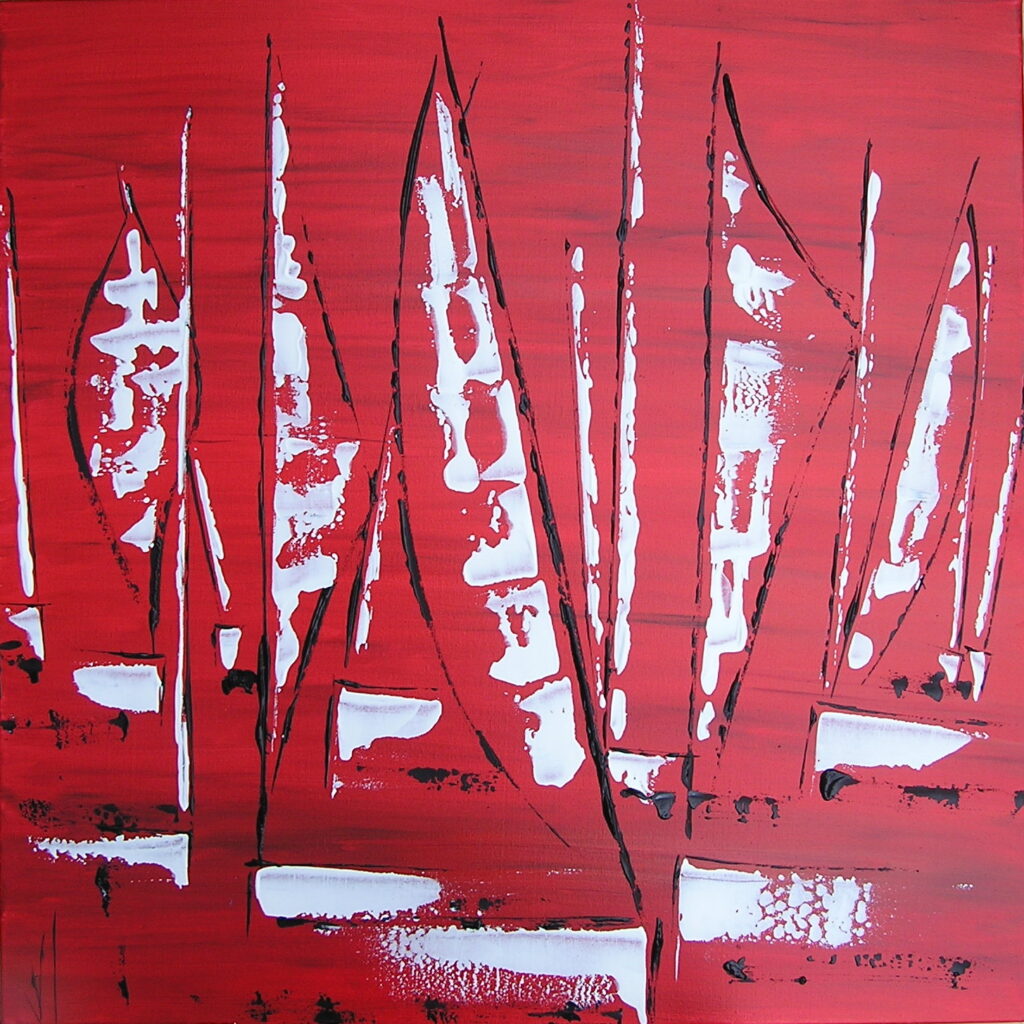 tableau en couleurs ,marine avec une régate de voiliers,peinture originale vendue par l artiste,oeuvre unique,acrylique sur toile,art abstrait,valerie jouve artiste peintre,blanc,rouge,noir