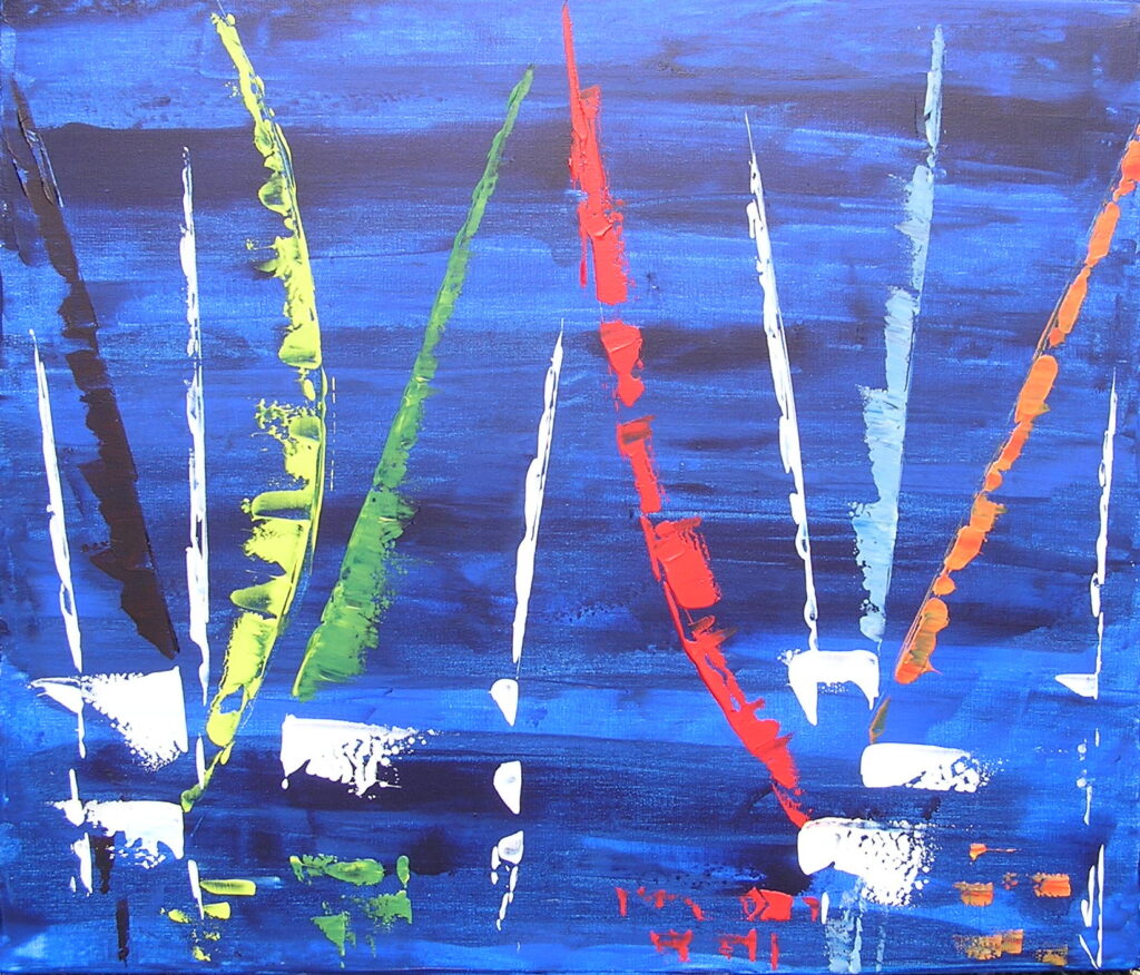 tableau en couleurs ,marine avec une régate de voiliers,peinture originale vendue par l artiste,oeuvre unique,acrylique sur toile,art abstrait,valerie jouve artiste peintre,bleu,jaune,rouge,vert,violet,orange,noir,blanc