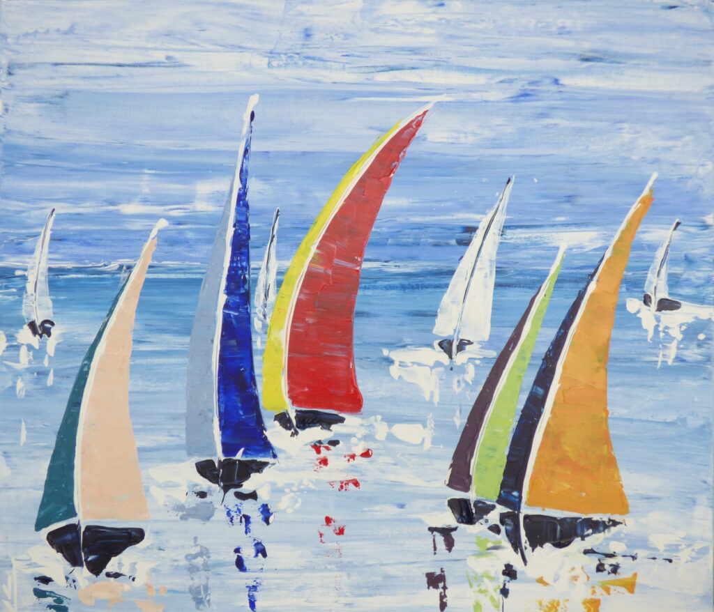 tableau avec des bateaux en couleurs ,marine, régate de voiliers,peinture originale vendue par l artiste,oeuvre unique,acrylique sur toile,art ,valerie jouve artiste peintre,bleu,jaune,rouge,vert,violet,orange,noir,blanc