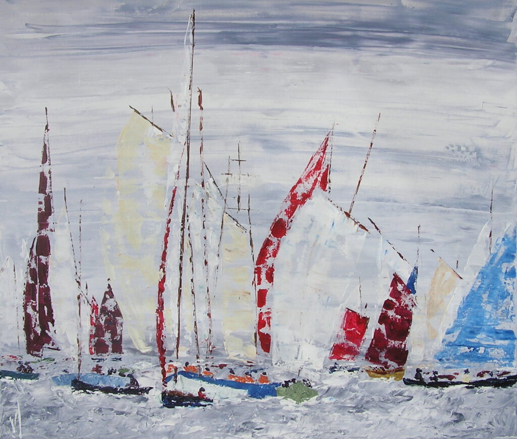 tableau avec des bateaux en couleurs ,marine, régate de voiliers,peinture originale vendue par l artiste,oeuvre unique,acrylique sur toile,art ,valerie jouve artiste peintre,bleu,jaune,rouge,vert,violet,orange,noir,blanc
