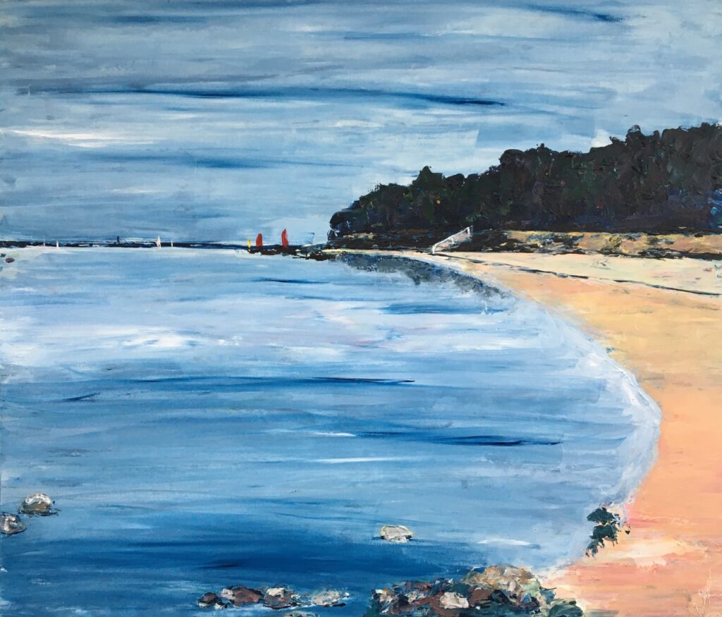 tableau en couleurs ,peinture originale vendue par l artiste,oeuvre unique,acrylique sur toile,marine,paysage de bretagne, golfe du morbihan,valerie jouve artiste peintre,bleu,jaune,rouge,vert,violet,orange,noir,blanc