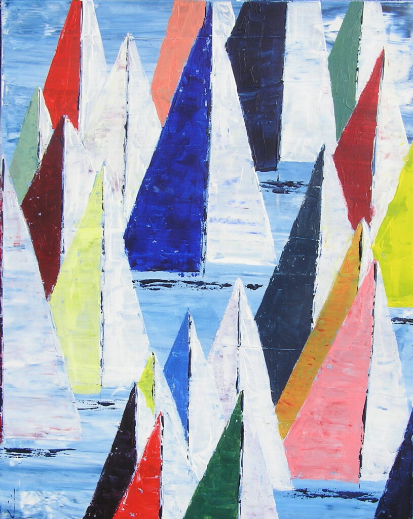 tableau en couleurs ,marine avec une régate de voiliers,peinture originale vendue par l artiste,oeuvre unique,acrylique sur toile,art abstrait,valerie jouve artiste peintre,bleu,jaune,rouge,vert,violet,orange,noir,blanc