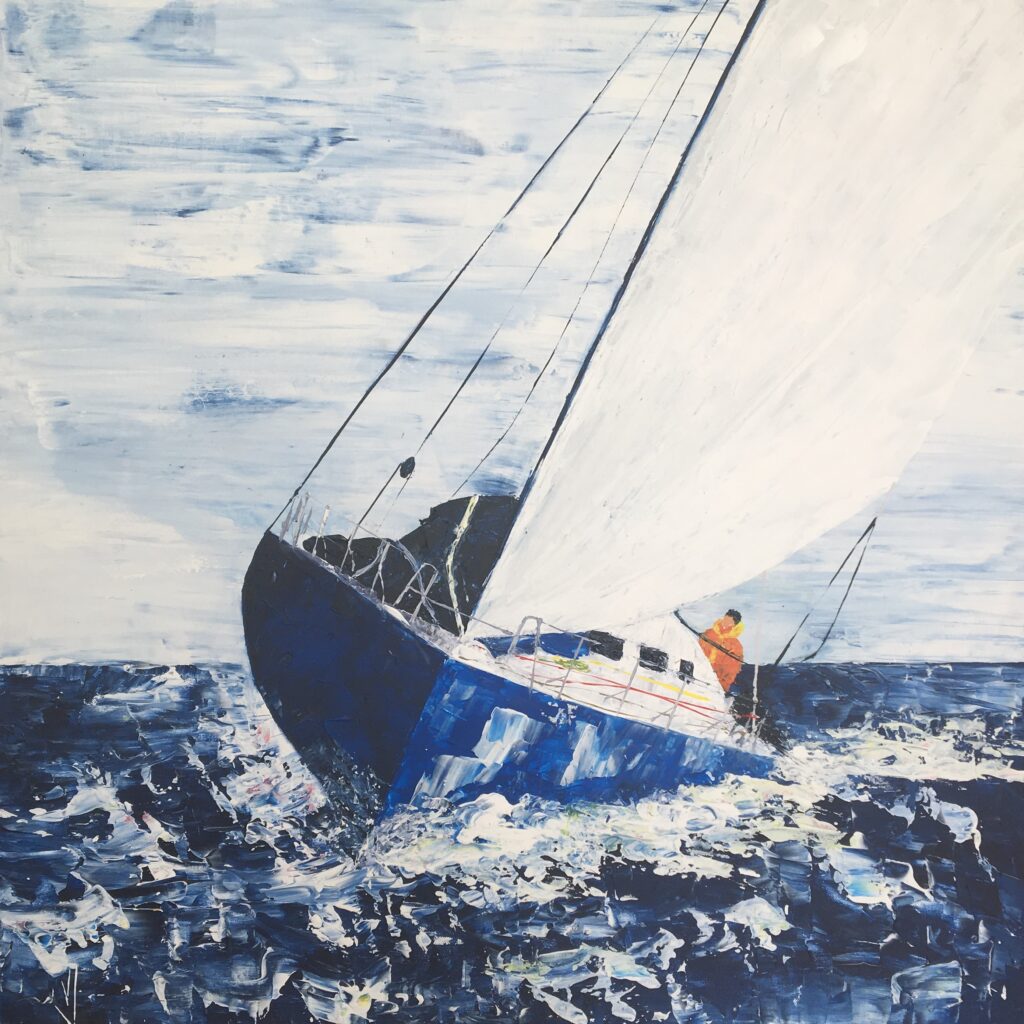 tableau en couleurs ,marine avec des une régate de voiliers,peinture originale vendue par l artiste,oeuvre unique,acrylique sur toile,art abstrait,valerie jouve artiste peintre,bleu,jaune,rouge,vert,violet,orange,noir,blanc