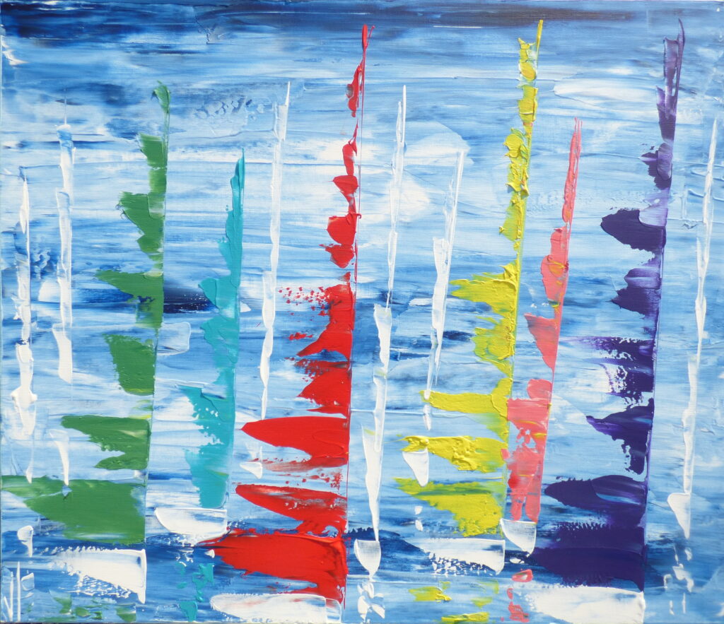 tableau en couleurs ,marine avec une régate de voiliers,peinture originale vendue par l artiste,oeuvre unique,acrylique sur toile,art abstrait,valerie jouve artiste peintre,bleu,jaune,rouge,vert,violet,orange,noir,blanc