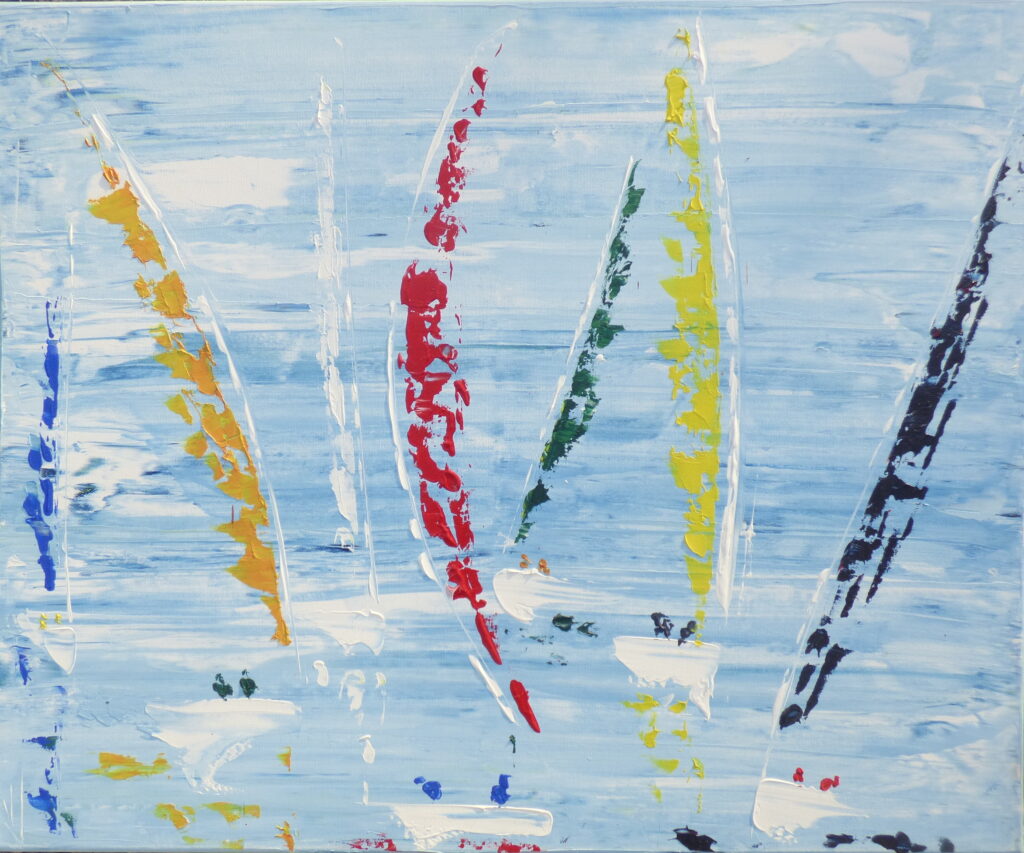 tableau en couleurs ,marine avec une régate de voiliers,peinture originale vendue par l artiste,oeuvre unique,acrylique sur toile,art abstrait,valerie jouve artiste peintre,bleu,jaune,rouge,vert,violet,orange,noir,blanc