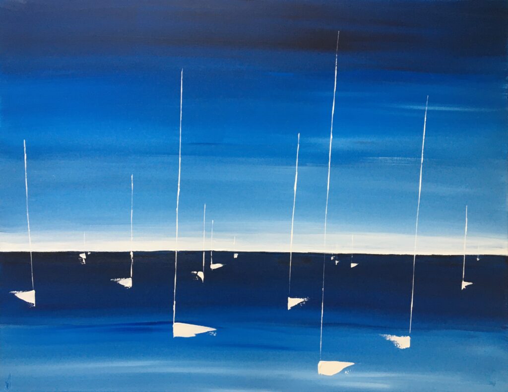 marine abstraite représentant des voiliers signée valérie jouve