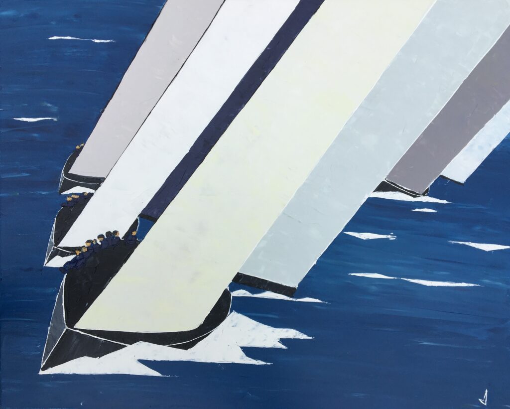 tableau avec des bateaux en couleurs ,marine, régate de voiliers,peinture originale vendue par l artiste,oeuvre unique,acrylique sur toile,art ,valerie jouve artiste peintre,bleu,jaune,rouge,vert,violet,orange,noir,blanc