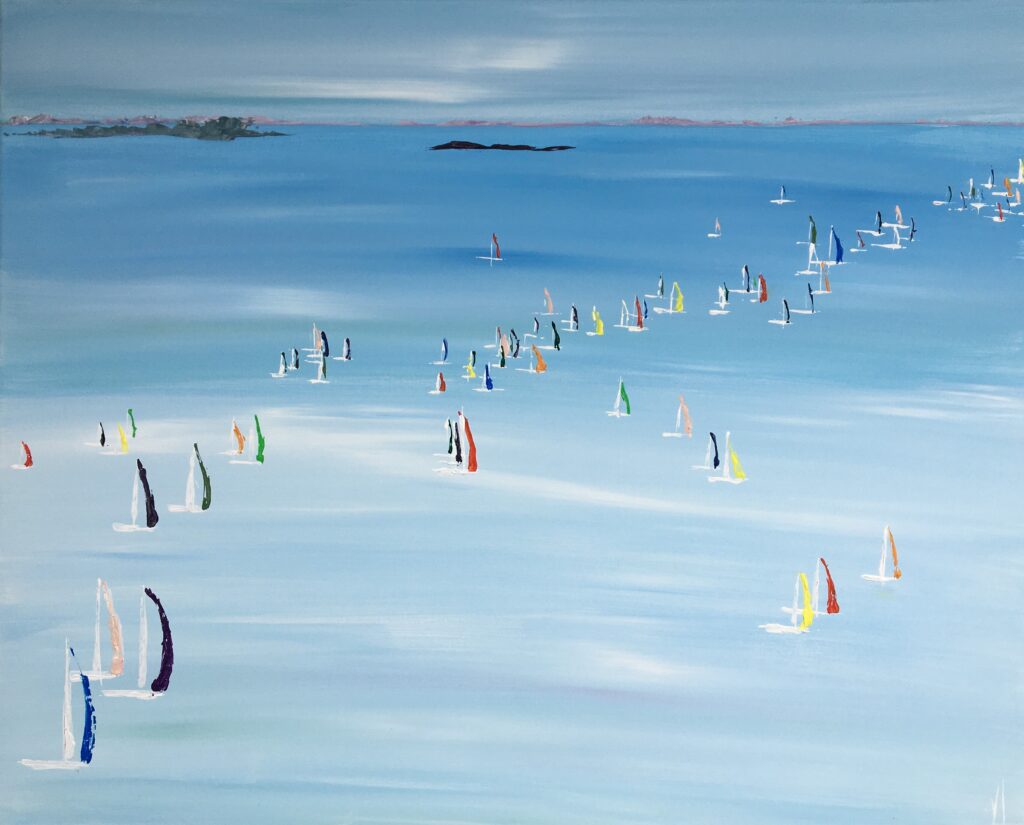 tableau avec des bateaux en couleurs ,marine, régate de voiliers,peinture originale vendue par l artiste,oeuvre unique,acrylique sur toile,art ,valerie jouve artiste peintre,bleu,jaune,rouge,vert,violet,orange,noir,blanc