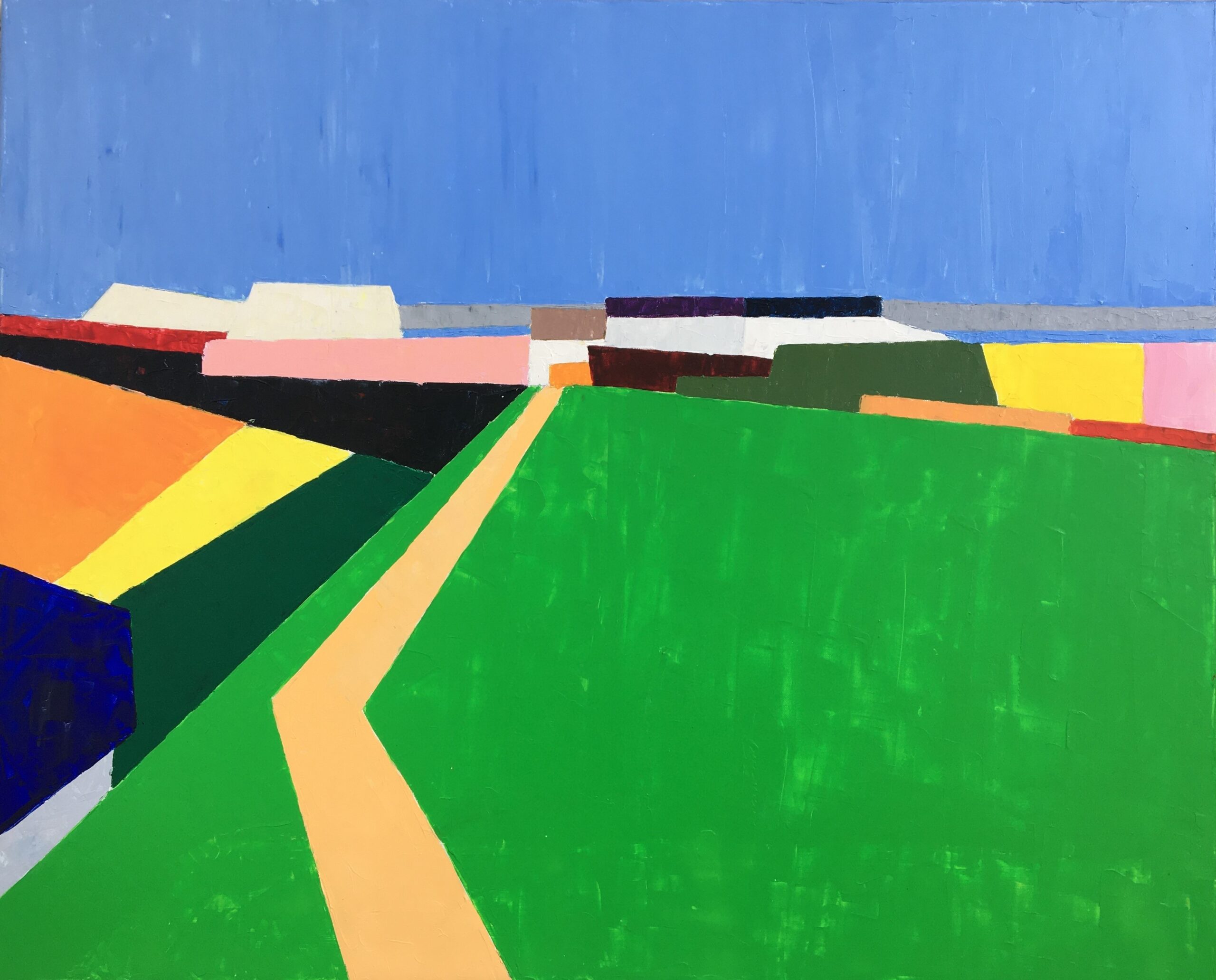 tableau en couleurs ,marine representant une paysage de bretagne, ile d ouesssant, jaune,vert,bleu,orange,rouge,violet,blanc, oeuvre unique de valérie jouve artiste peintre