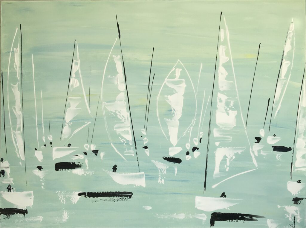tableau avec des bateaux abstraits ,marine, régate de voiliers,peinture originale vendue par l artiste,oeuvre unique,acrylique sur toile,art ,valerie jouve artiste peintre,vert,,noir,blanc