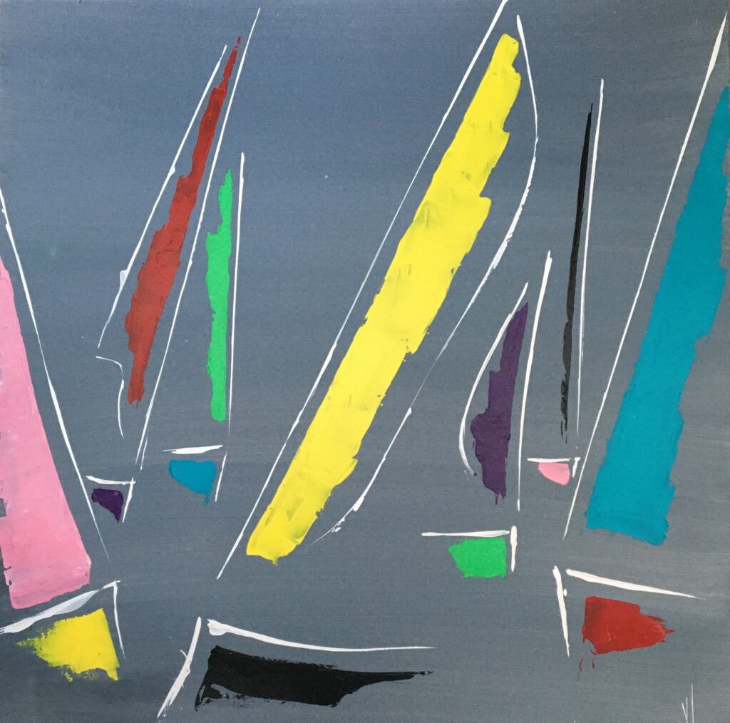 tableau en couleurs ,marine avec une régate de voiliers,peinture originale vendue par l artiste,oeuvre unique,acrylique sur toile,art abstrait,valerie jouve artiste peintre,bleu,jaune,rouge,vert,violet,orange,noir,blanc