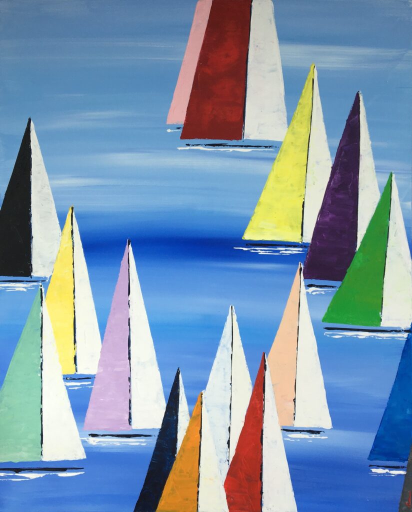 tableau avec des bateaux en couleurs ,marine, régate de voiliers,peinture originale vendue par l artiste,oeuvre unique,acrylique sur toile,art ,valerie jouve artiste peintre,bleu,jaune,rouge,vert,violet,orange,noir,blanc