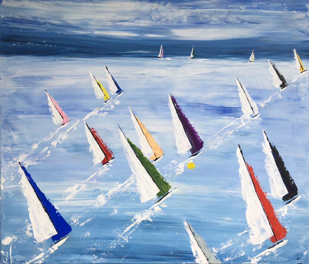 tableau avec des bateaux en couleurs ,marine, régate de voiliers,peinture originale vendue par l artiste,oeuvre unique,acrylique sur toile,art ,valerie jouve artiste peintre,bleu,jaune,rouge,vert,violet,orange,noir,blanc