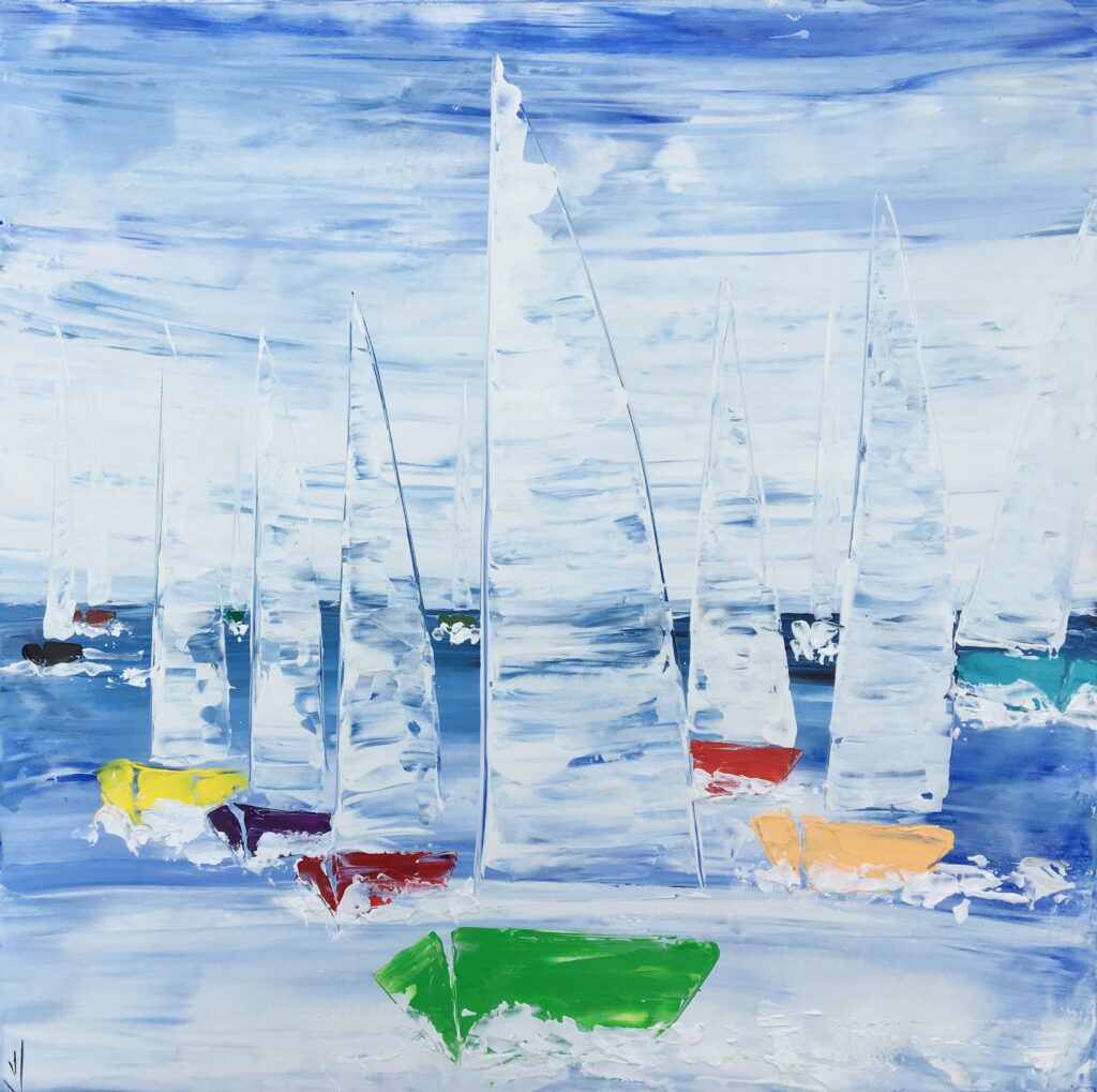 tableau avec des bateaux en couleurs ,marine, régate de voiliers,peinture originale vendue par l artiste,oeuvre unique,acrylique sur toile,art ,valerie jouve artiste peintre,bleu,jaune,rouge,vert,violet,orange,noir,blanc