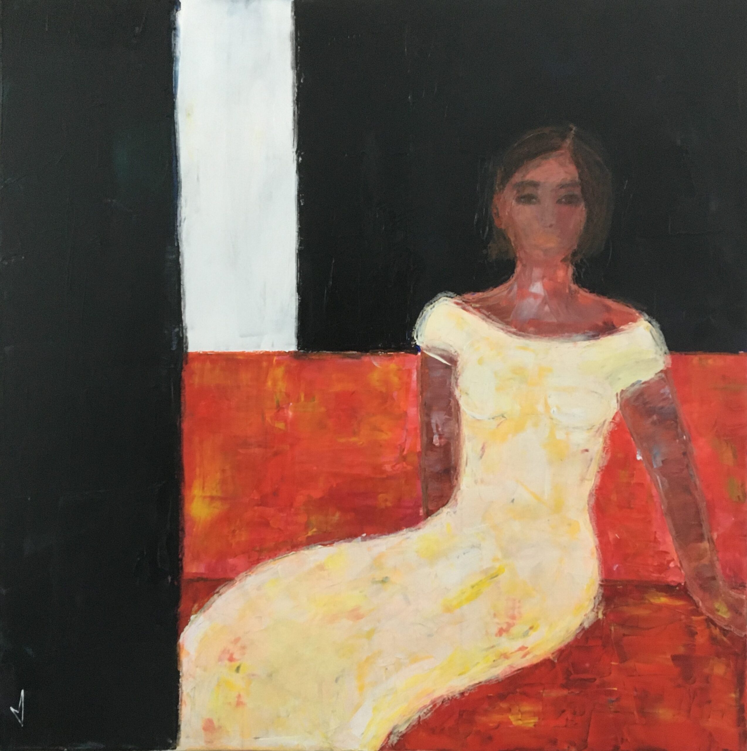 tableau, portrait de femme, femme assise, tableau interieur, peinture originale,valerie jouve artiste peintreblanc noir jaune,rouge