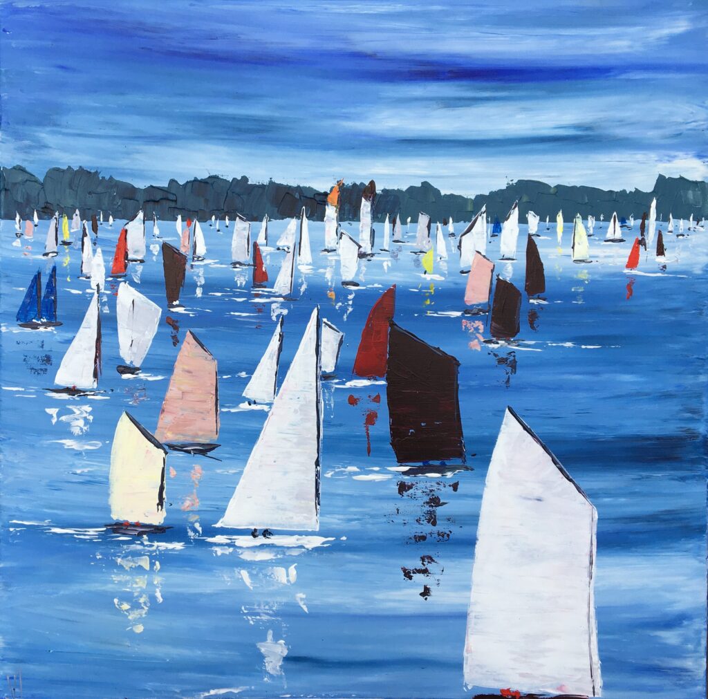 tableau en couleurs ,marine avec une régate de voiliers,semaine du golfe du morbihan, peinture originale vendue par l artiste,oeuvre unique,acrylique sur toile,art abstrait,valerie jouve artiste peintre,bleu,jaune,rouge,vert,violet,orange,noir,blanc