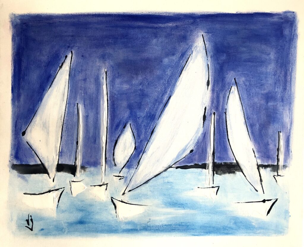 tableau avec des bateaux ,marine, régate de voiliers,peinture originale vendue par l artiste,oeuvre unique,acrylique sur toile,art ,valerie jouve artiste peintre,bleu,noir,blanc, semaine du golfe,bretagne,morbihan