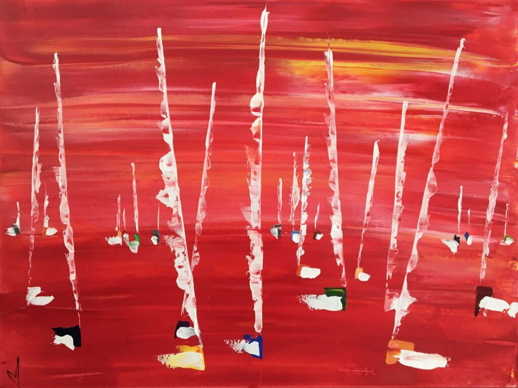 tableau en couleurs ,marine avec des une régate de voiliers,peinture originale vendue par l artiste,oeuvre unique,acrylique au couteau sur toile,art abstrait,valerie jouve artiste peintre,bleu,jaune,rouge,vert,violet,orange,noir,blanc, tableau rouge