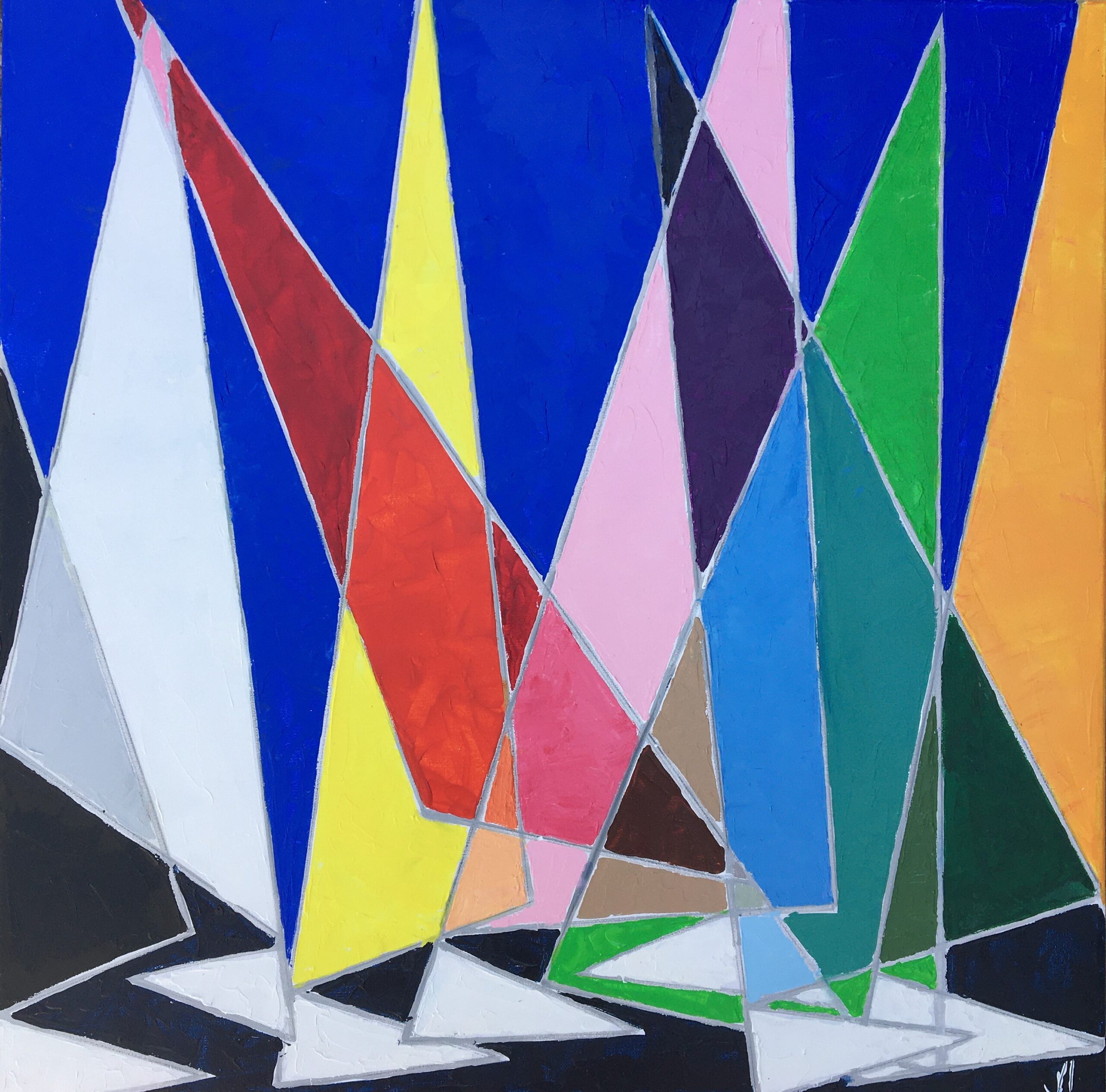 tableau représentant des voiliers abstraits, oeuvre unique de valérie jouve avec des bateaux en couleur