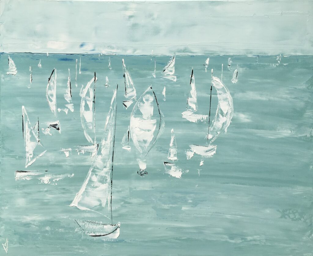 tableau avec des bateaux en couleurs ,marine, régate de voiliers,peinture originale vendue par l artiste,oeuvre unique,acrylique sur toile,art ,valerie jouve artiste peintre,vert,noir,blanc,marine,voiliers,bateaux,régate,bretagne,peinture