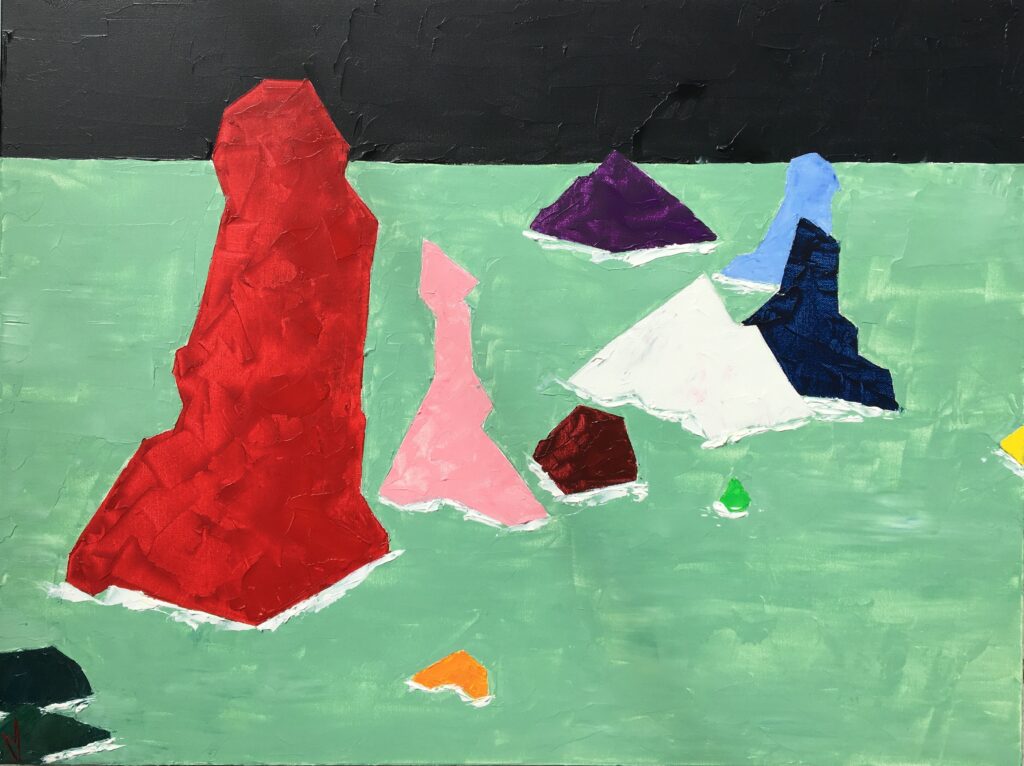 tableau en couleurs ,marine representant les aiguilles de port coton à belle ile en bretagne,peinture originale vendue par l artiste,oeuvre unique,acrylique au couteau sur toile,art ,valerie jouve artiste peintre,bleu,jaune,rouge,vert,violet,orange,noir,blanc