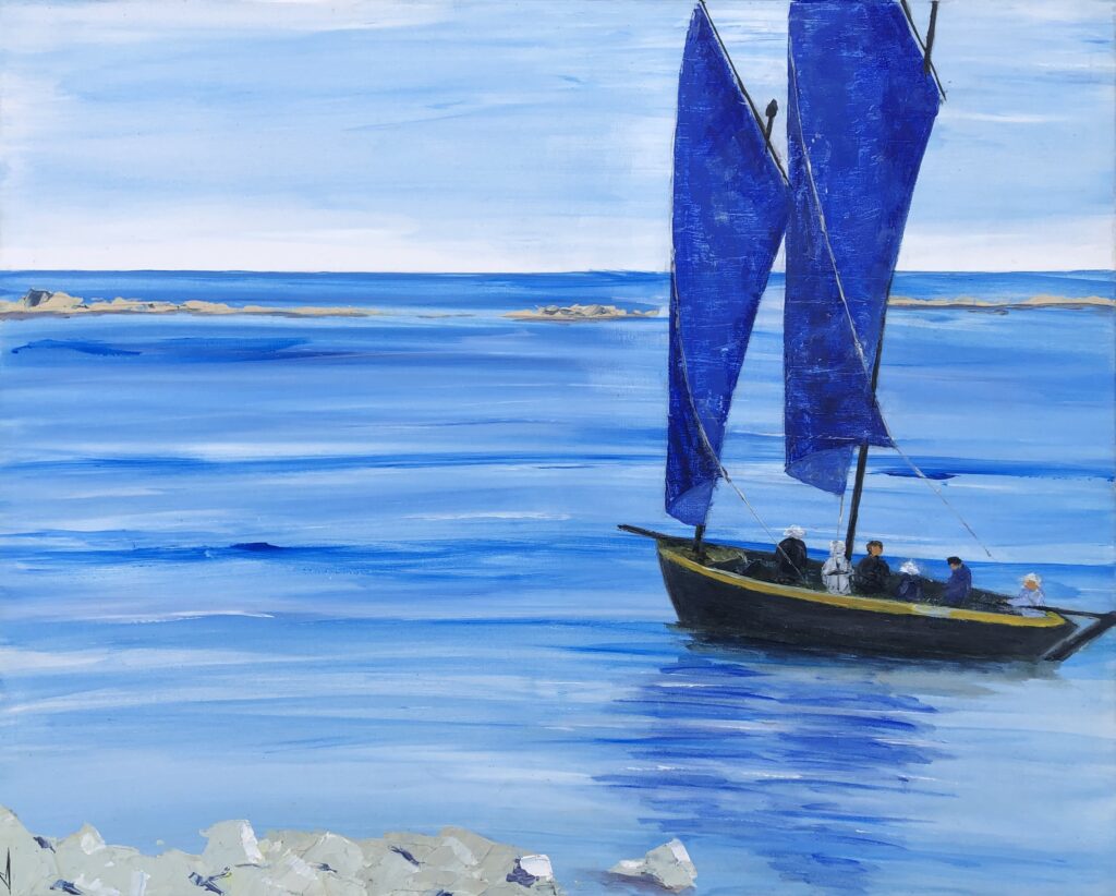 tableau avec des bateaux en couleurs ,marine, sinagot, bretagne, golfe du morbihan ,peinture originale vendue par l artiste,oeuvre unique,acrylique sur toile,art ,valerie jouve artiste peintre,bleu,jaune,rouge,vert,violet,orange,noir,blanc