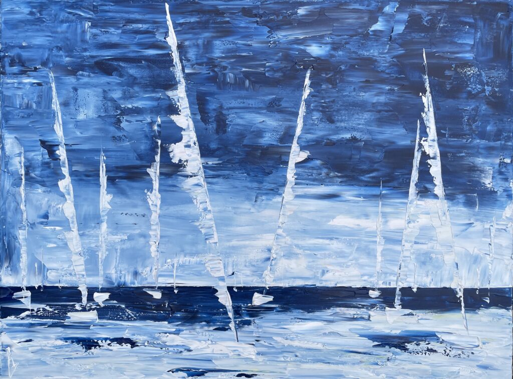 tableau avec des bateaux ,marine, régate de voiliers,peinture originale vendue par l artiste,oeuvre unique,acrylique sur toile,art ,valerie jouve artiste peintre,bleu,blanc