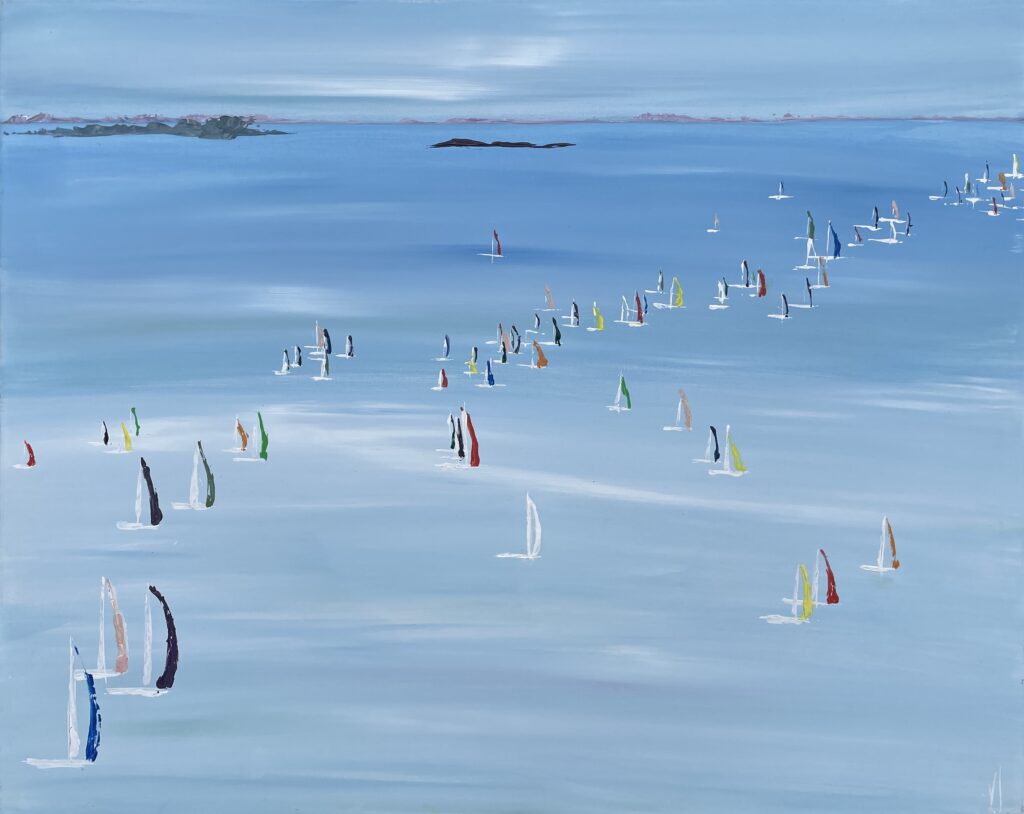 tableau avec des bateaux en couleurs ,marine, régate de voiliers,peinture originale vendue par l artiste,oeuvre unique,acrylique sur toile,art ,valerie jouve artiste peintre,bleu,jaune,rouge,vert,violet,orange,noir,blanc