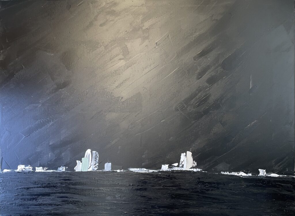 grand tableau, marine abstraite,acrylique au couteau sur toile par l artiste peintre valérie jouve,noir,blanc,gris,beige